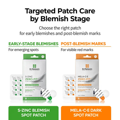 Zero-Fit Blemish & Dark Spot Patch Duo 72 Patches × 2 | S-ZINC + Mela-C·E Ultra Thin Spot Patches with Salicylic Acid, Acne Care, Sulfur, Vitamin C & Niacinamide