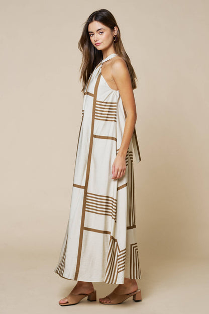 Geo Print Front Tie Keyhole Halter Maxi Dress