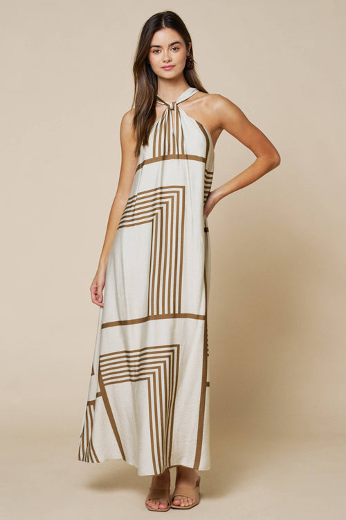 Geo Print Front Tie Keyhole Halter Maxi Dress