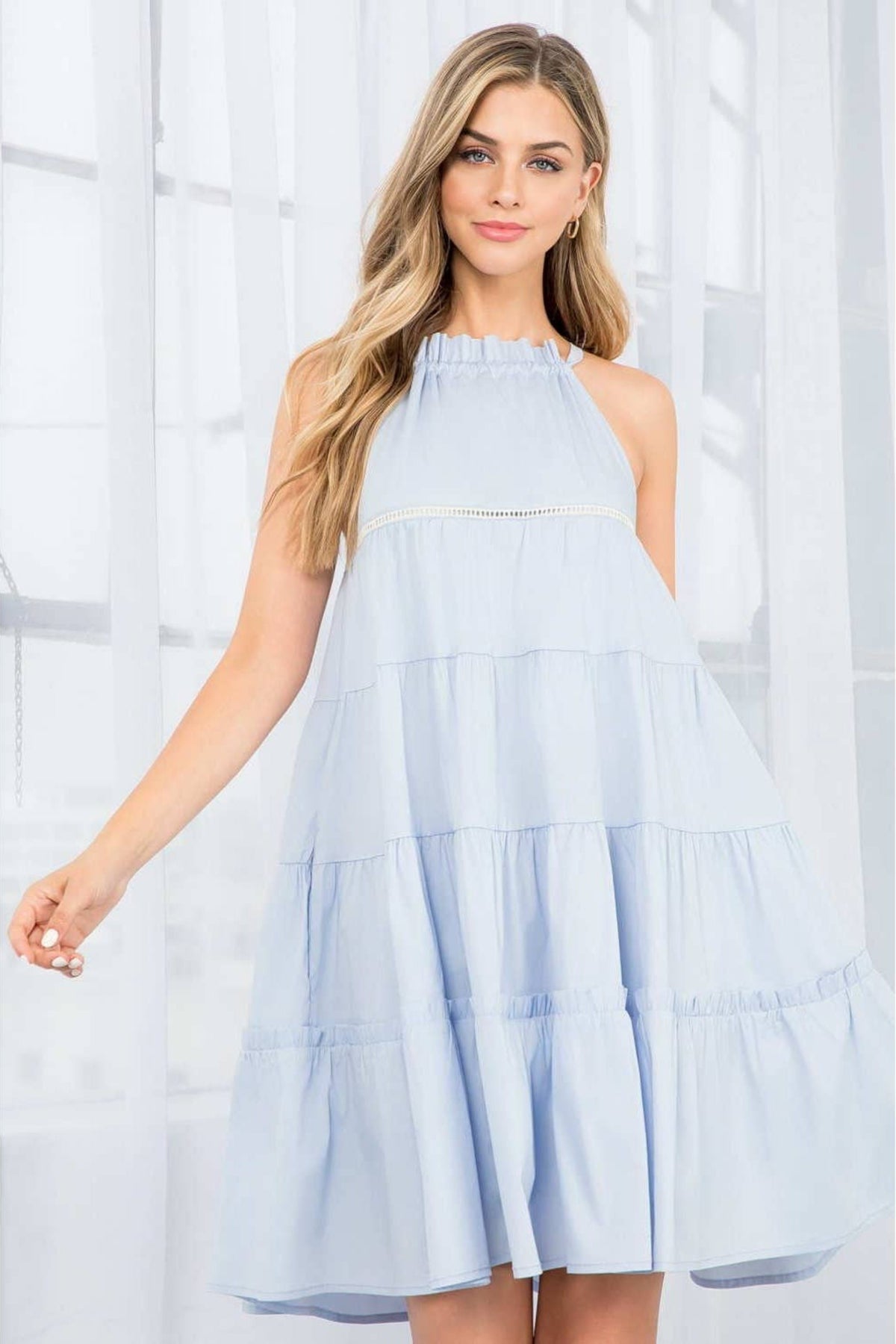 Baby Blue High-Neck Tiered Dress