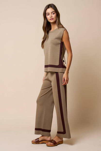 Sleeveless Knit Top And Wide Leg Striped Pant Set