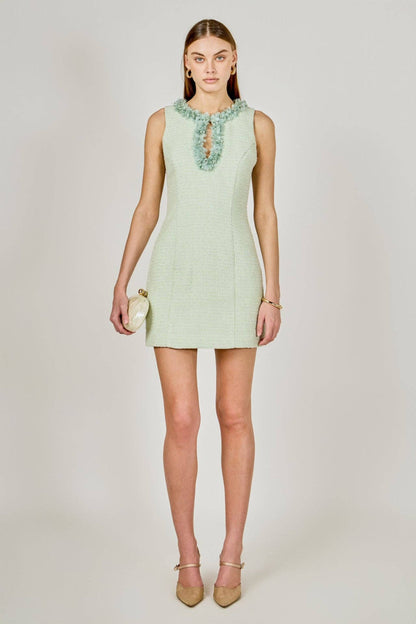 Tweed Racerback Floral Trim Mini Dress
