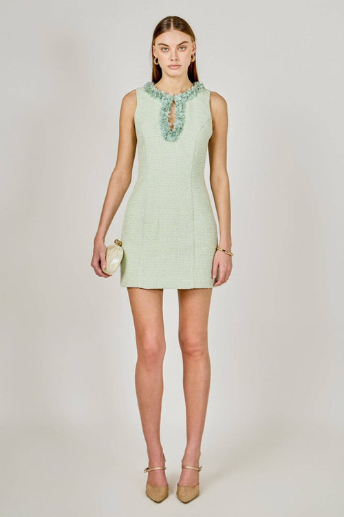 Tweed Racerback Floral Trim Mini Dress