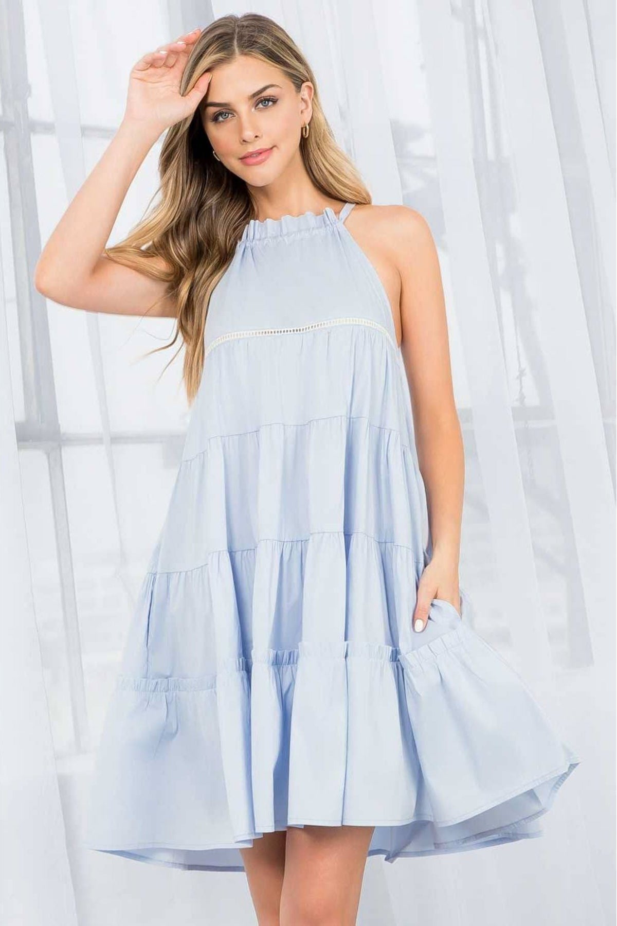Baby Blue High-Neck Tiered Dress
