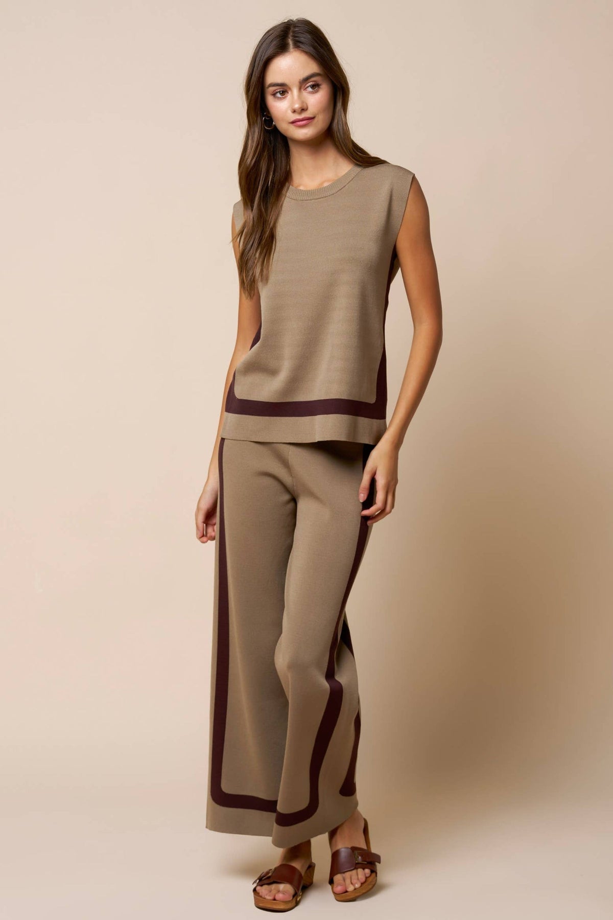 Sleeveless Knit Top And Wide Leg Striped Pant Set