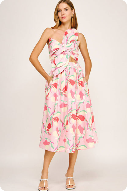 Knotted Flower Bow Floral Midi Dress