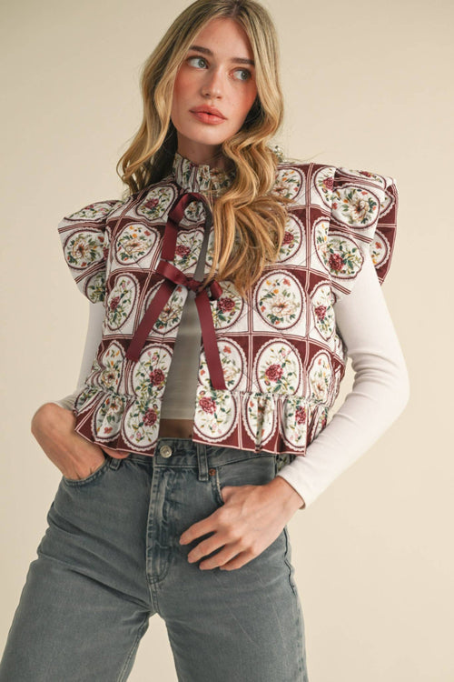FLUTTER SLEEVE FLORAL PUFF VEST
